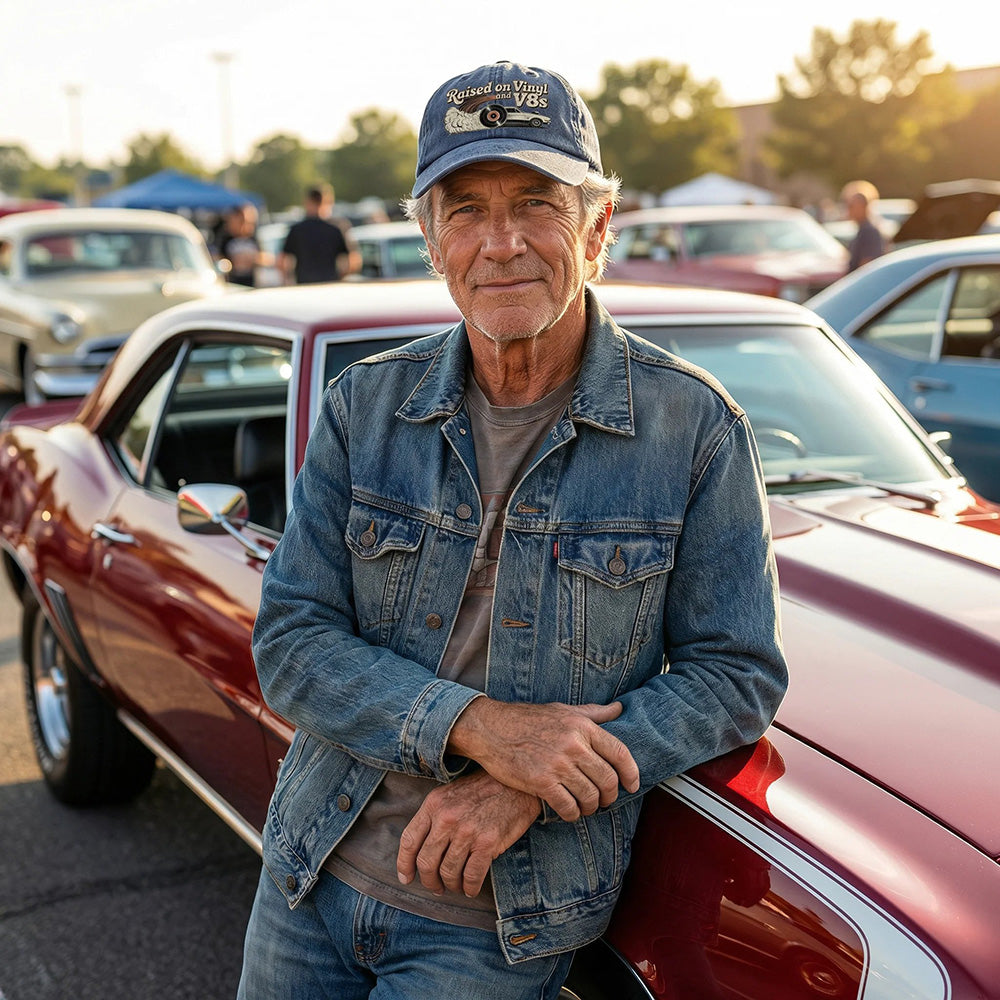 🏽Sista dagen med 49 % rabatt – ”Raised on Vinyl and V8s” – den broderade klassiska kepsen för motorentusiaster