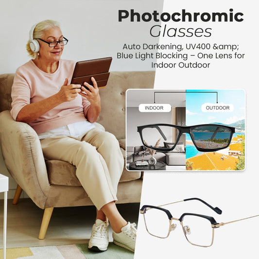 👓Fotokromatiske briller – automatisk mørkfarvning, UV400-beskyttelse og blålysfilter