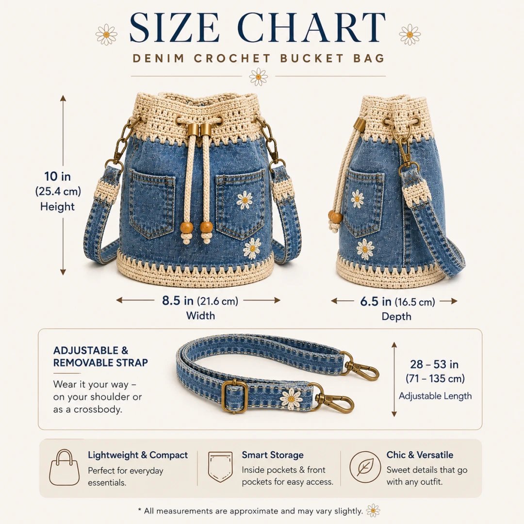 🔥Supertilbud! 50 % rabat!✨👜Håndlavet hæklet denim-bucket-taske