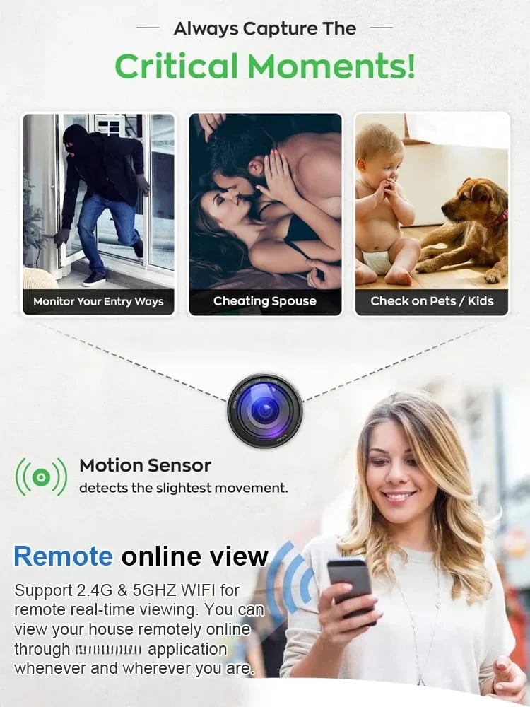 📸 1080P mini-trådløst kamera på størrelse med en mønt, kan installeres hvor som helst, fjernovervågning i realtid via smartphone.