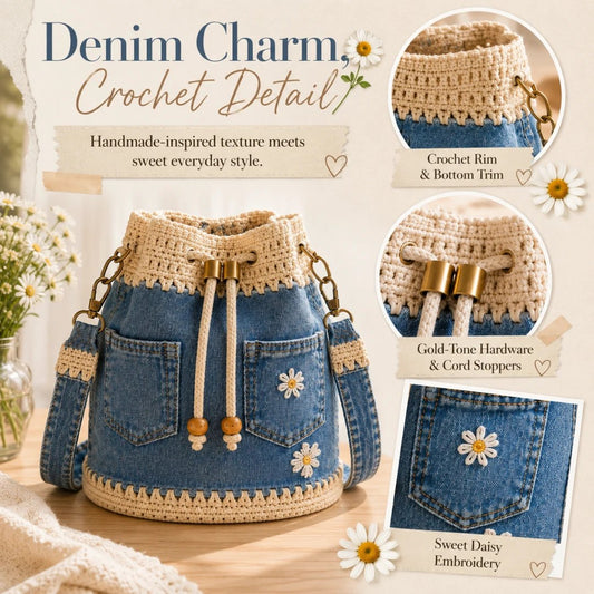 🔥Supertilbud! 50 % rabat!✨👜Håndlavet hæklet denim-bucket-taske
