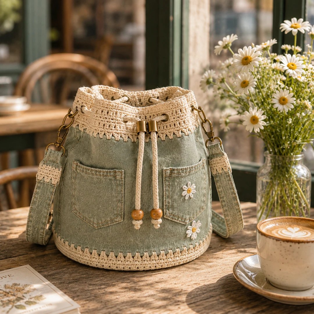 🔥Supertilbud! 50 % rabat!✨👜Håndlavet hæklet denim-bucket-taske