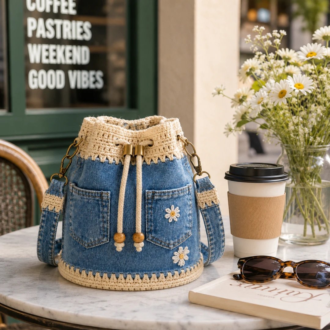 🔥Supertilbud! 50 % rabat!✨👜Håndlavet hæklet denim-bucket-taske