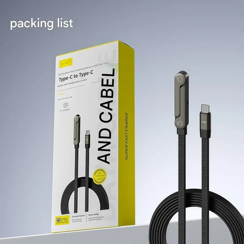 ⚡240 W hurtigopladerkabel med integreret, usynligt stativ — indbygget telefonholder