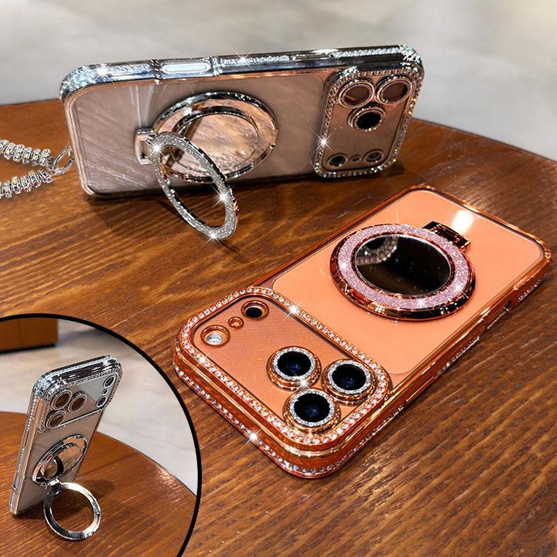 Telefonetui til kvinder med spejl og stativ til iPhone 12/13/14/15/16/17 Pro Max, 17Air, 14/15/16 Plus