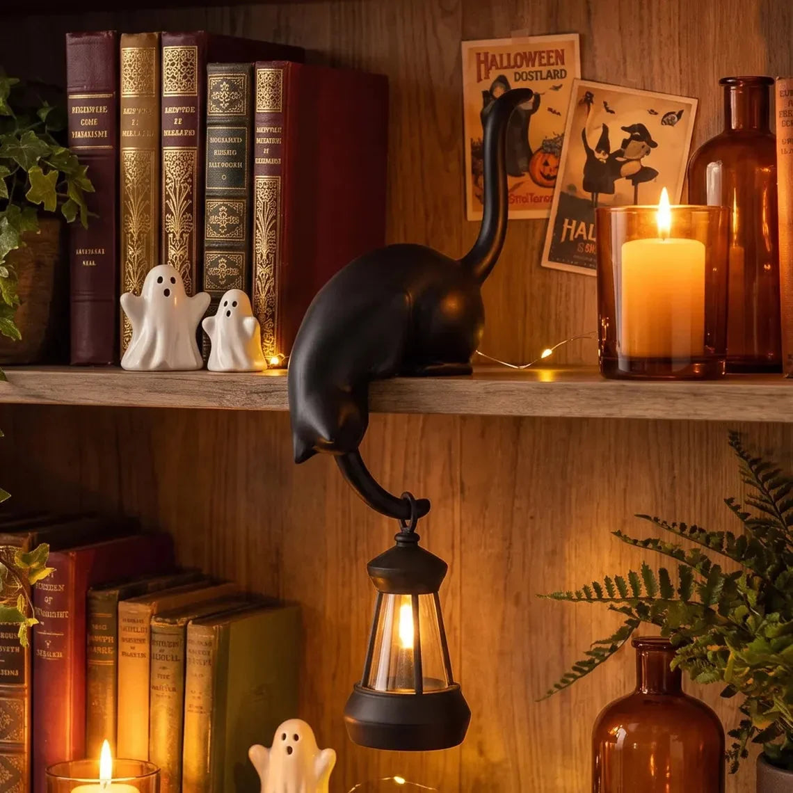 🐈‍Sød kattefigur til bogreolen med LED-lampe – Sød dekoration til bogreolen og praktisk nøglehage