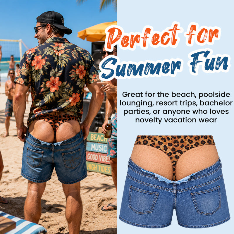 Sjove badebukser med leopardmønster, der ligner denim | Originale badebukser med illusionseffekt