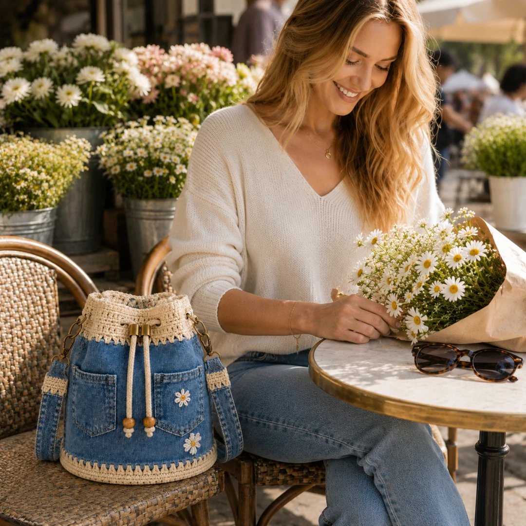 🔥Supertilbud! 50 % rabat!✨👜Håndlavet hæklet denim-bucket-taske