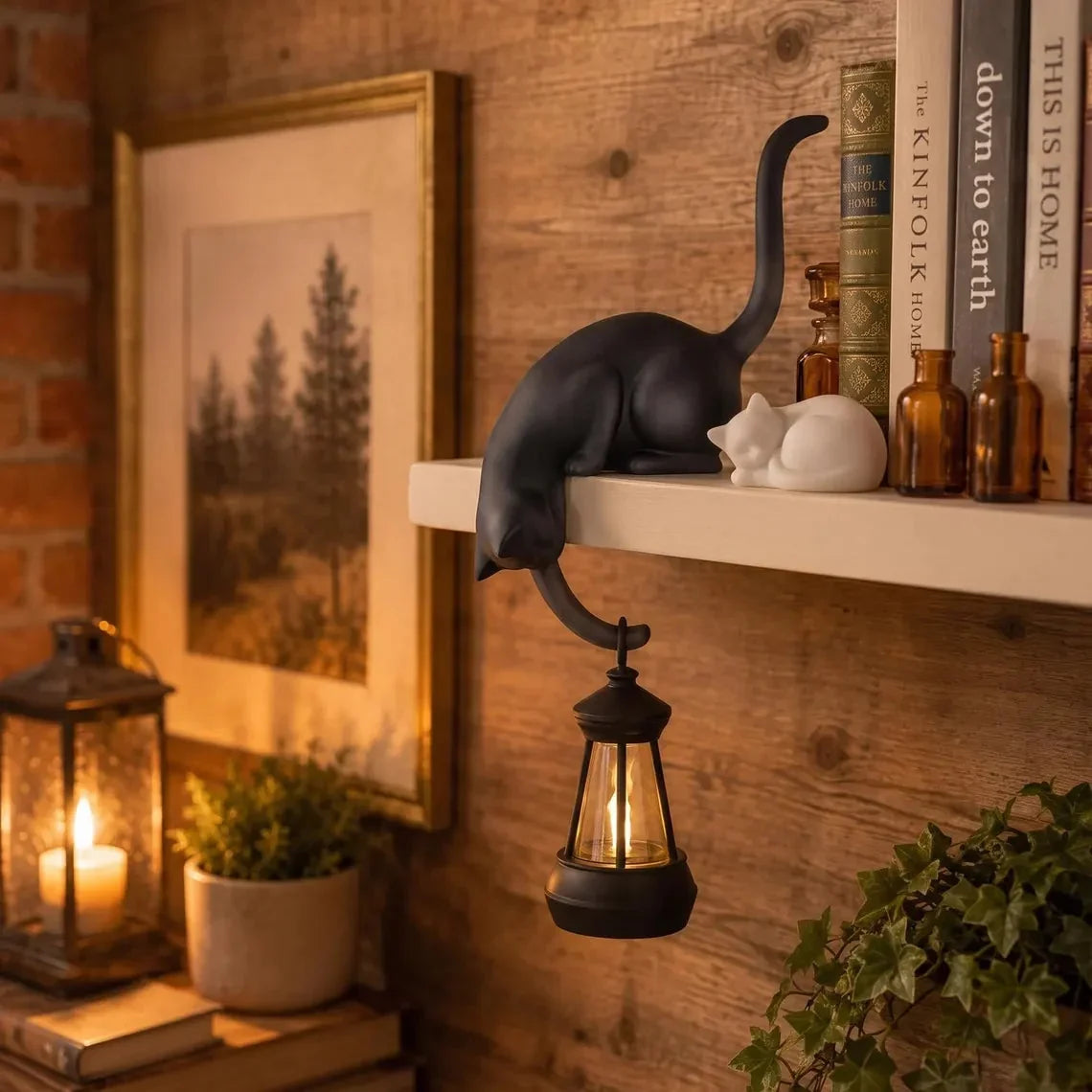🐈‍Sød kattefigur til bogreolen med LED-lampe – Sød dekoration til bogreolen og praktisk nøglehage
