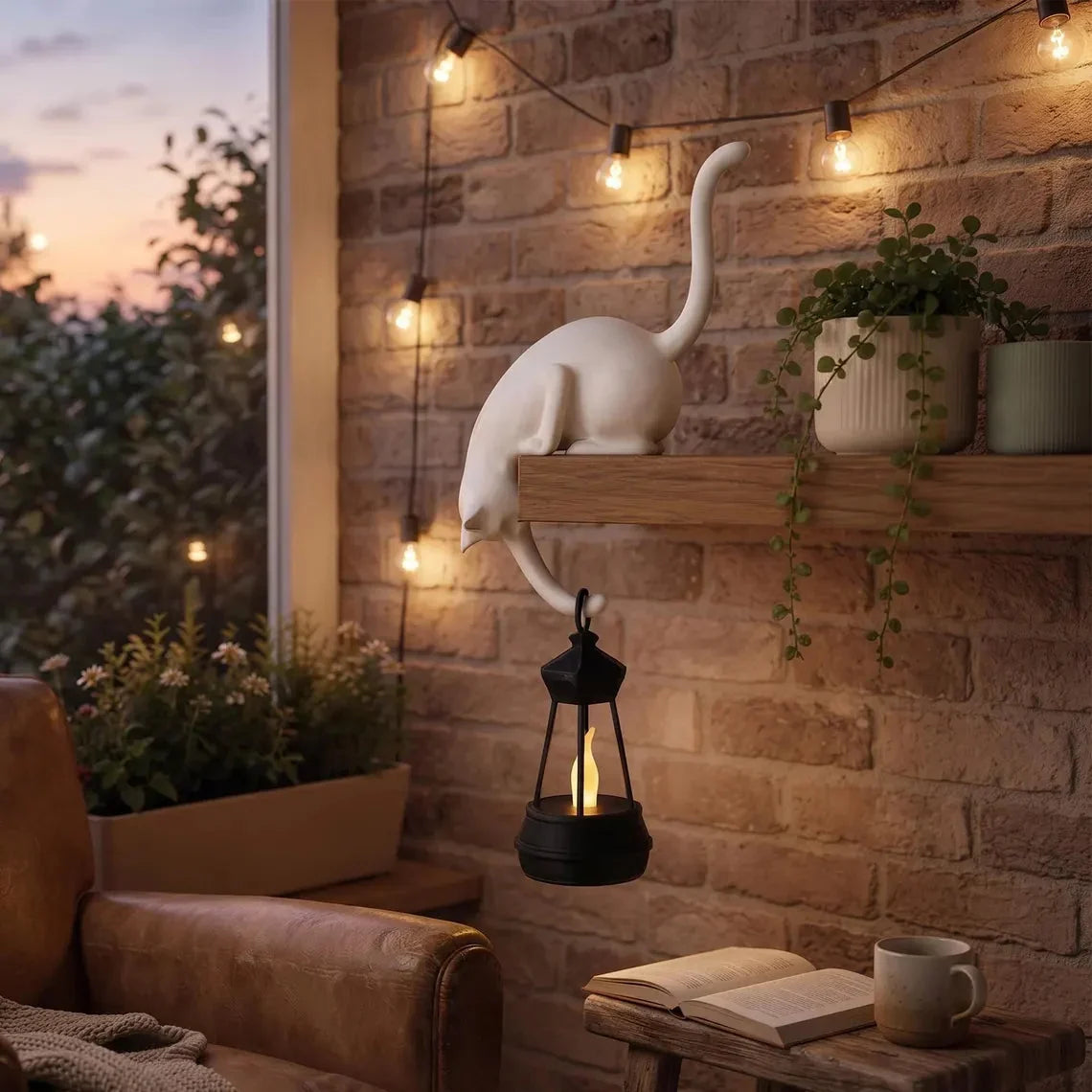 🐈‍Sød kattefigur til bogreolen med LED-lampe – Sød dekoration til bogreolen og praktisk nøglehage