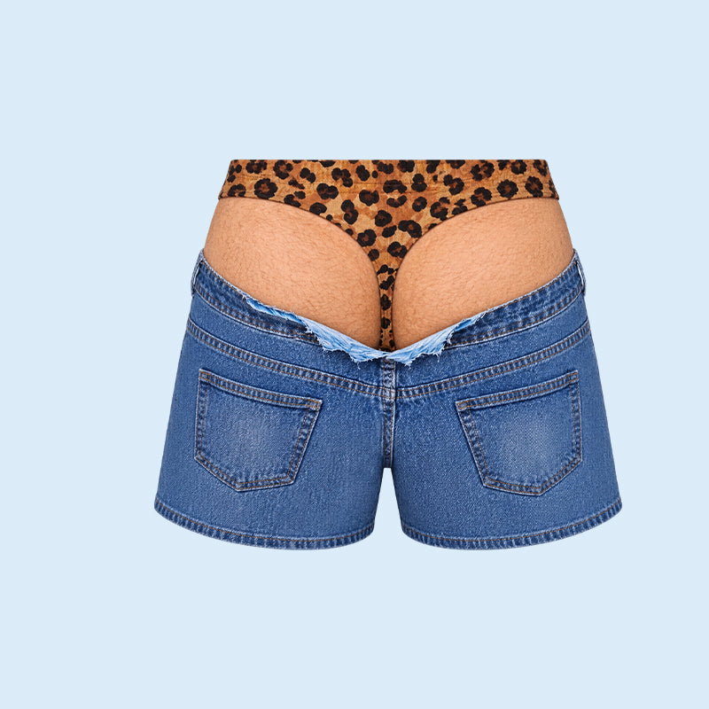 Sjove badebukser med leopardmønster, der ligner denim | Originale badebukser med illusionseffekt