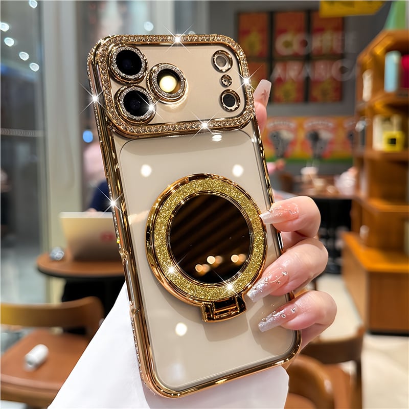 Telefonetui til kvinder med spejl og stativ til iPhone 12/13/14/15/16/17 Pro Max, 17Air, 14/15/16 Plus