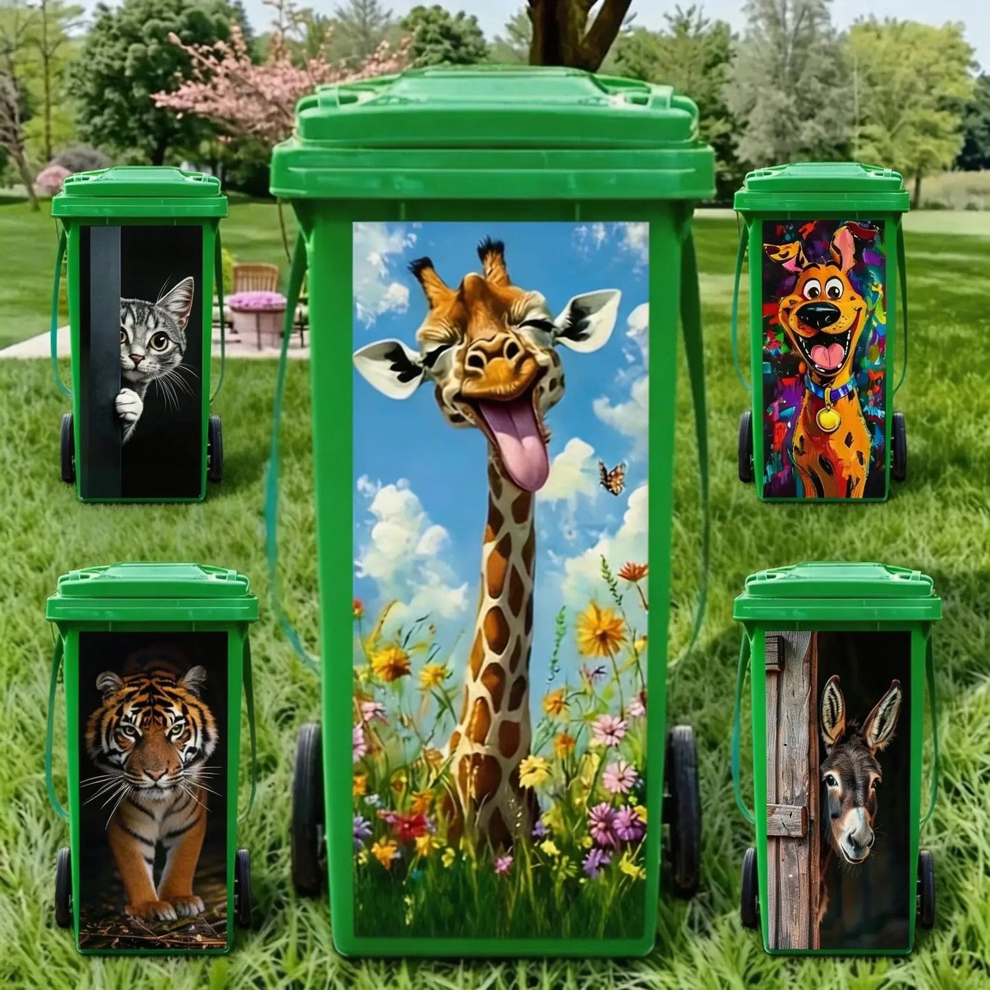 🦒🐯Kreativt klistermærke til skraldespanden med farverig tegneserie✨