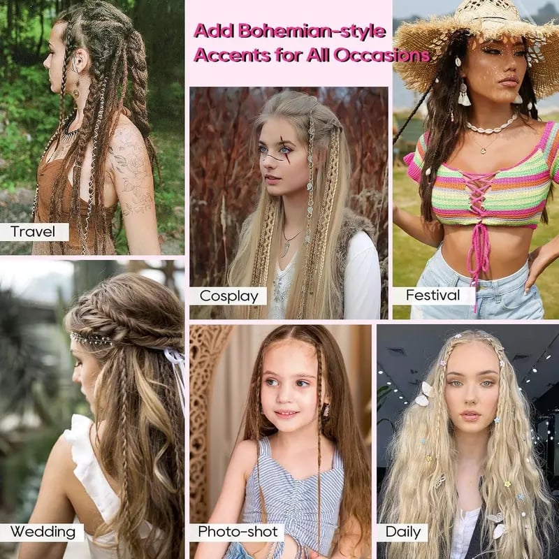 🌿🎨 Boho-fletninger med perler og hårspænder – En nem forvandling af frisuren til festivaler og hverdagen (✨2 stk.)