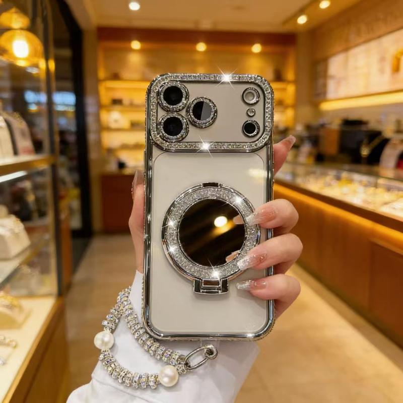 Telefonetui til kvinder med spejl og stativ til iPhone 12/13/14/15/16/17 Pro Max, 17Air, 14/15/16 Plus