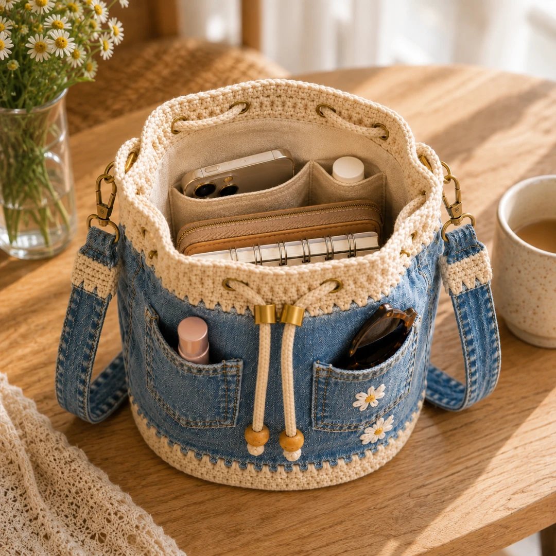 🔥Supertilbud! 50 % rabat!✨👜Håndlavet hæklet denim-bucket-taske