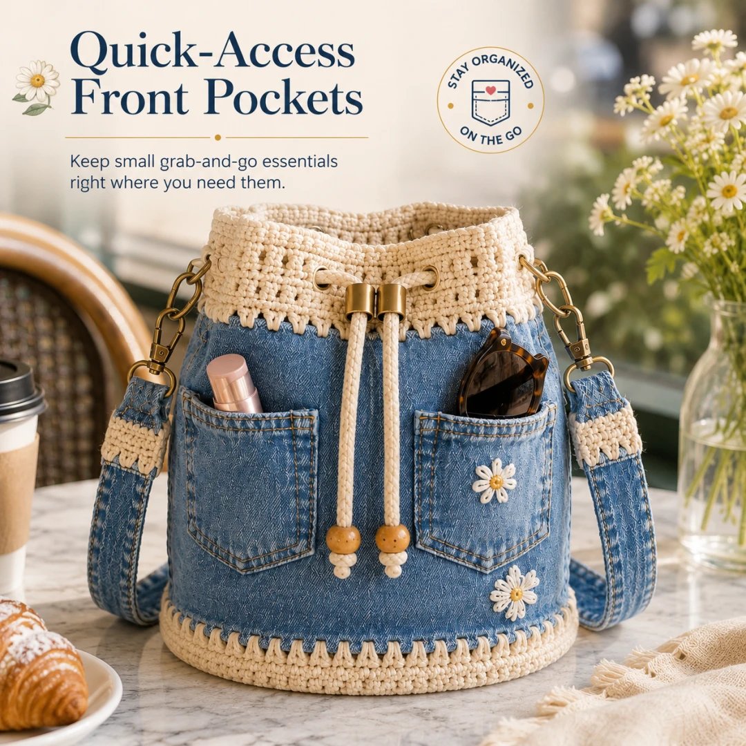 🔥Supertilbud! 50 % rabat!✨👜Håndlavet hæklet denim-bucket-taske