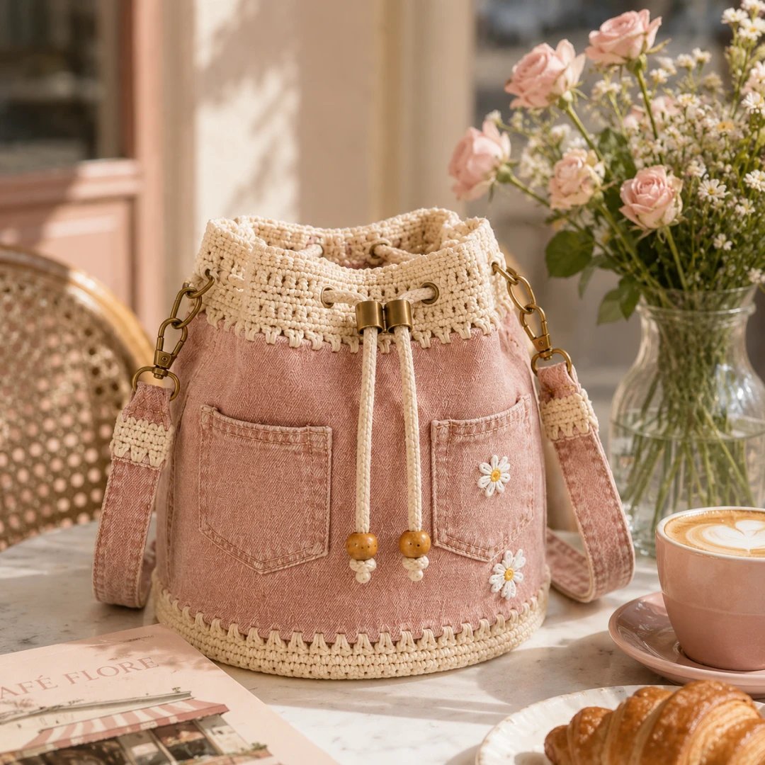 🔥Supertilbud! 50 % rabat!✨👜Håndlavet hæklet denim-bucket-taske