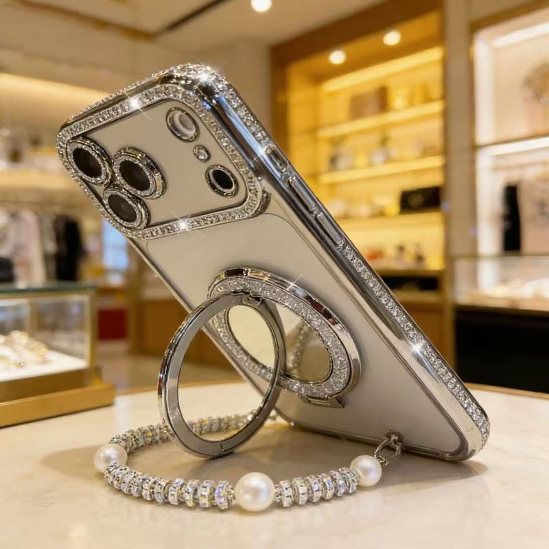 Telefonetui til kvinder med spejl og stativ til iPhone 12/13/14/15/16/17 Pro Max, 17Air, 14/15/16 Plus