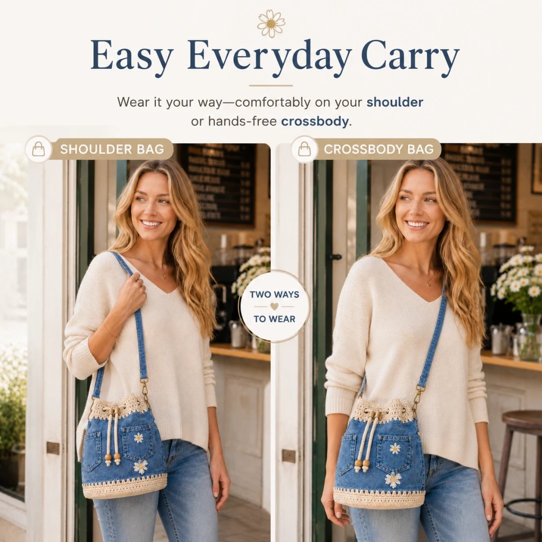 🔥Supertilbud! 50 % rabat!✨👜Håndlavet hæklet denim-bucket-taske