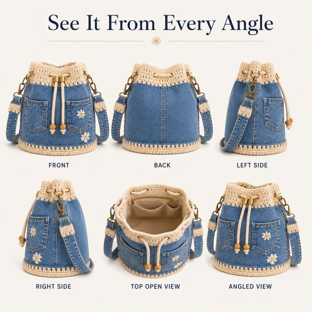 🔥Supertilbud! 50 % rabat!✨👜Håndlavet hæklet denim-bucket-taske